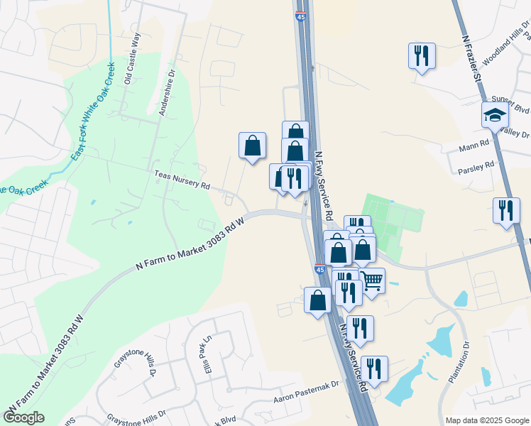 map of restaurants, bars, coffee shops, grocery stores, and more near 1498 North Farm to Market 3083 Road West in Conroe