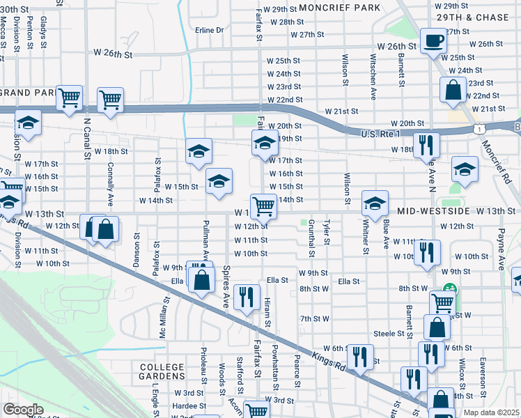 map of restaurants, bars, coffee shops, grocery stores, and more near 1822 West 13th Street in Jacksonville