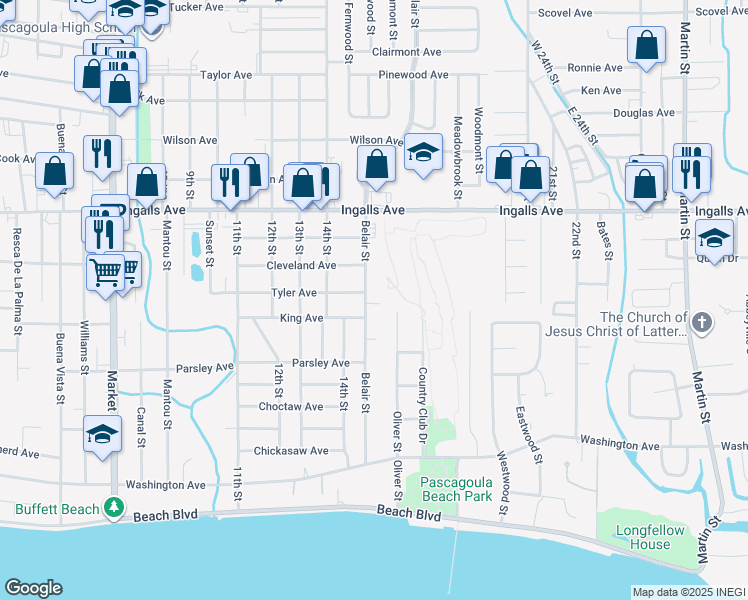map of restaurants, bars, coffee shops, grocery stores, and more near 1404 Belair Street in Pascagoula
