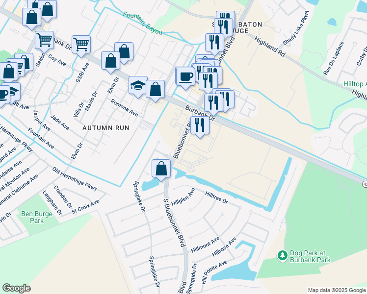 map of restaurants, bars, coffee shops, grocery stores, and more near 10247 Bluebonnet Boulevard in Baton Rouge