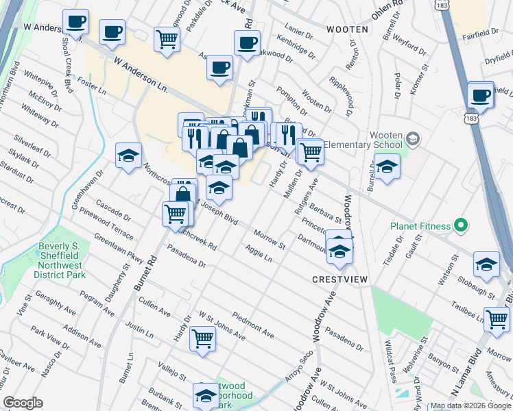 map of restaurants, bars, coffee shops, grocery stores, and more near 7704 Hardy Drive in Austin