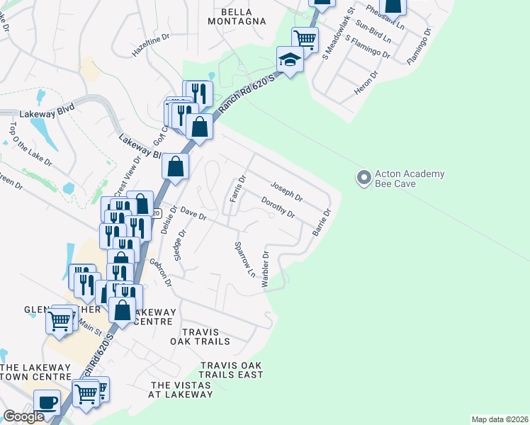 map of restaurants, bars, coffee shops, grocery stores, and more near 35 Green Terrace Cove in Austin
