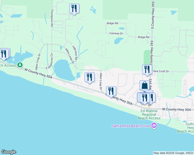 map of restaurants, bars, coffee shops, grocery stores, and more near 89 Pointe Drive in Santa Rosa Beach