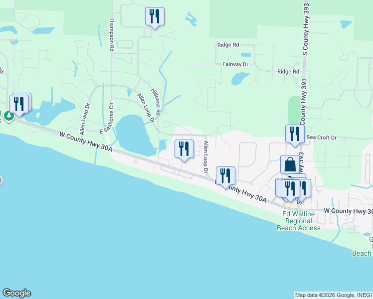 map of restaurants, bars, coffee shops, grocery stores, and more near 94 Pointe Circle in Santa Rosa Beach