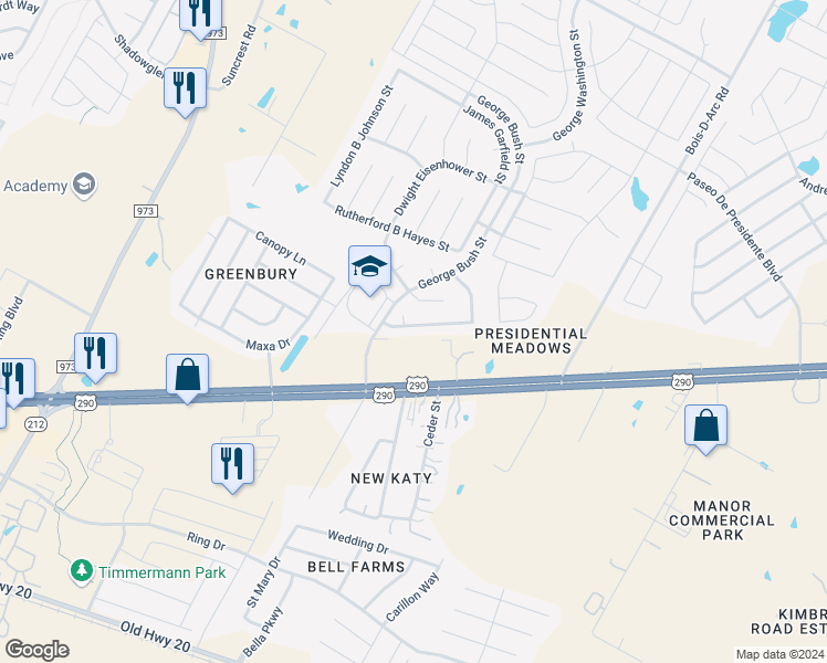 map of restaurants, bars, coffee shops, grocery stores, and more near 12629 William Harrison Street in Manor