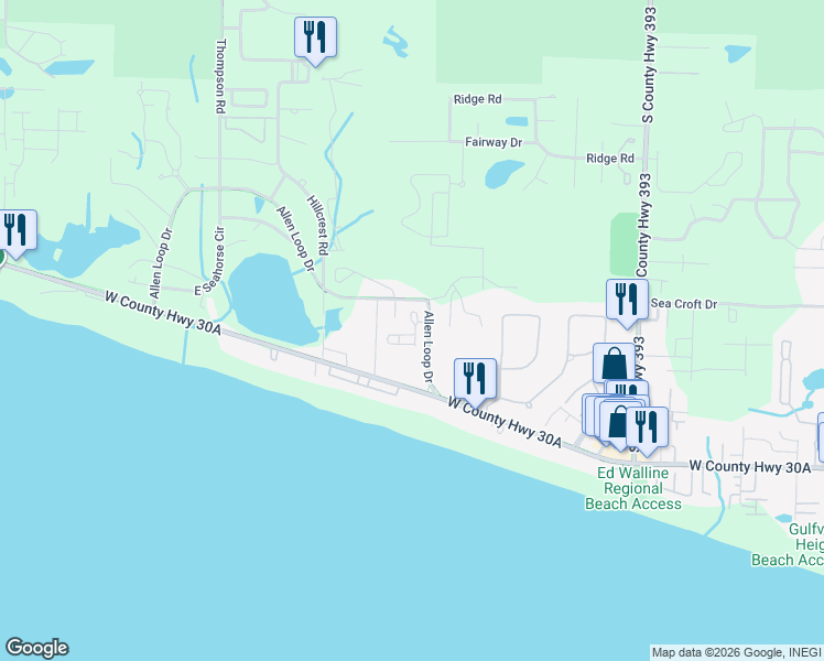 map of restaurants, bars, coffee shops, grocery stores, and more near 89 Pointe Drive in Santa Rosa Beach