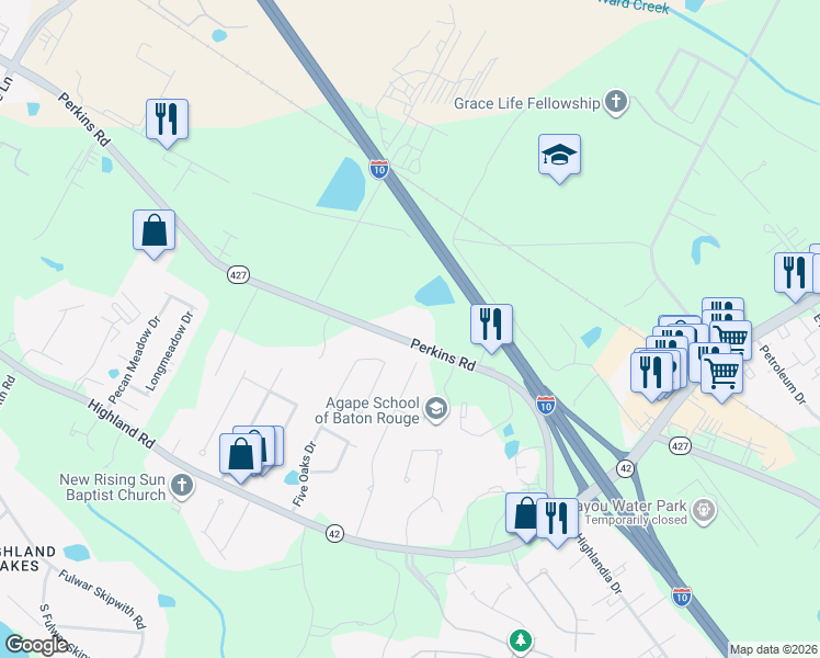 map of restaurants, bars, coffee shops, grocery stores, and more near 17621 Perkins Road in Baton Rouge