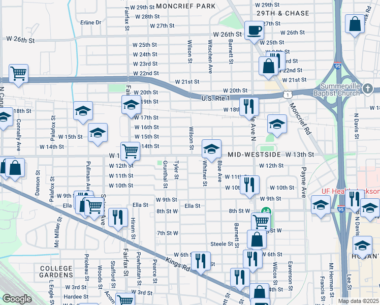 map of restaurants, bars, coffee shops, grocery stores, and more near 1530 West 13th Street in Jacksonville