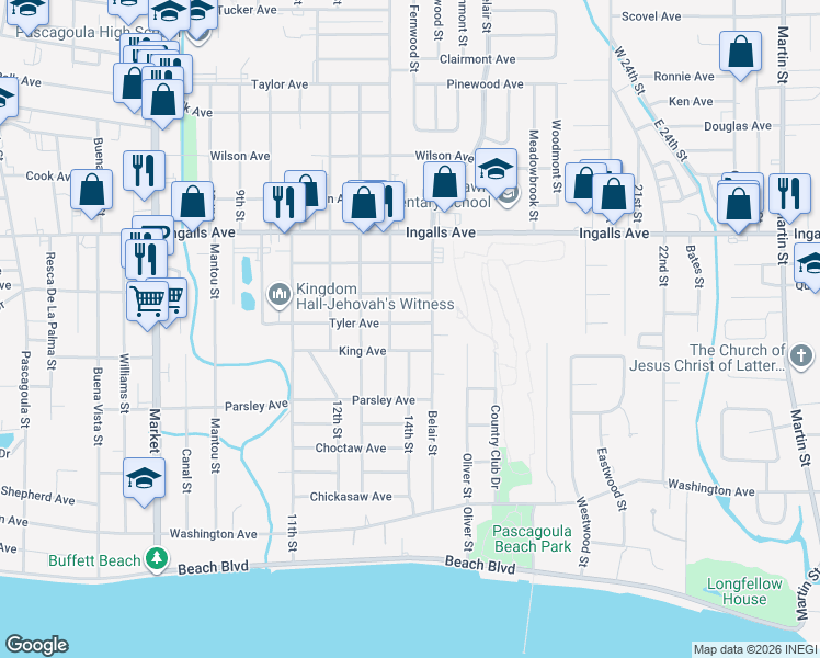 map of restaurants, bars, coffee shops, grocery stores, and more near 2410 Tyler Avenue in Pascagoula