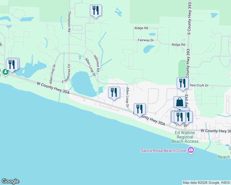map of restaurants, bars, coffee shops, grocery stores, and more near 94 Pointe Circle in Santa Rosa Beach