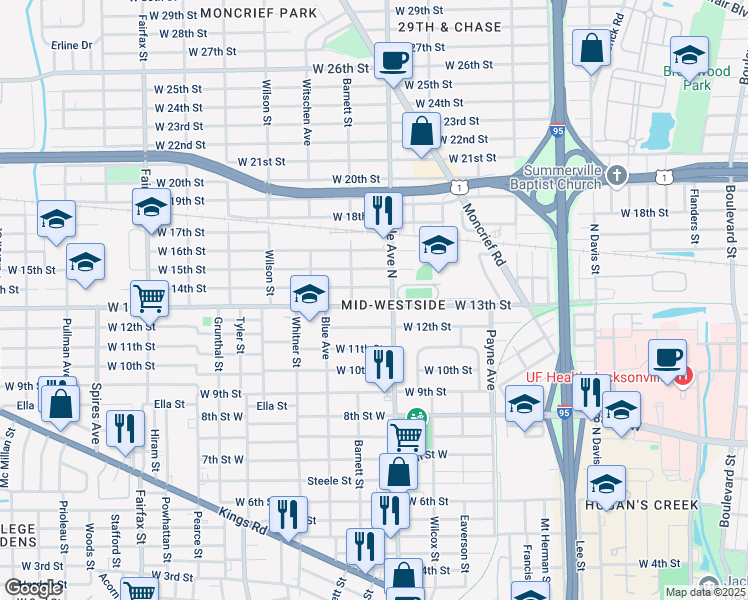 map of restaurants, bars, coffee shops, grocery stores, and more near 1318 West 13th Street in Jacksonville