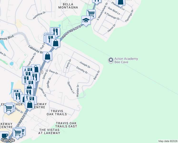 map of restaurants, bars, coffee shops, grocery stores, and more near 15094 Dorothy Drive in Lakeway