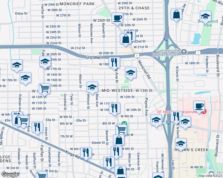 map of restaurants, bars, coffee shops, grocery stores, and more near 1318 West 13th Street in Jacksonville
