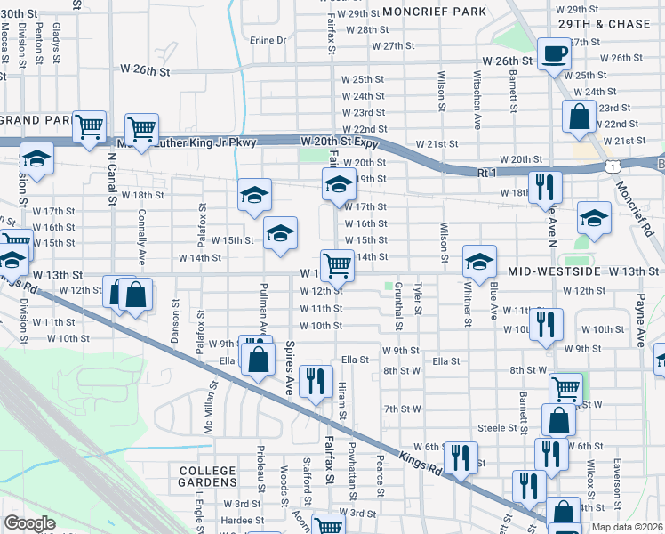 map of restaurants, bars, coffee shops, grocery stores, and more near 1822 West 13th Street in Jacksonville