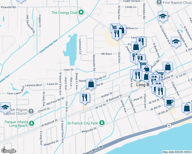 map of restaurants, bars, coffee shops, grocery stores, and more near 222 Alexander Road in Long Beach