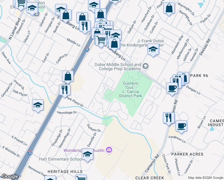 map of restaurants, bars, coffee shops, grocery stores, and more near 1037 Fiskville Cemetery Road in Austin