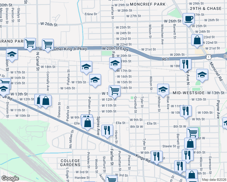 map of restaurants, bars, coffee shops, grocery stores, and more near 2310 Fairfax Street in Jacksonville