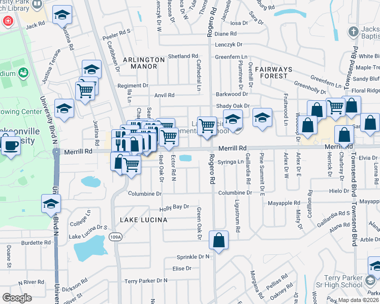 map of restaurants, bars, coffee shops, grocery stores, and more near 2634 Green Oak Drive in Jacksonville