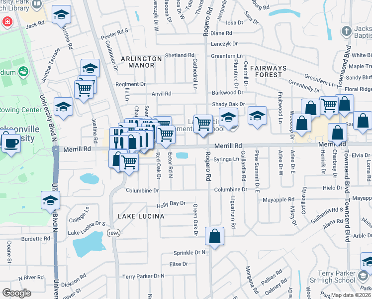 map of restaurants, bars, coffee shops, grocery stores, and more near 2634 Green Oak Drive in Jacksonville