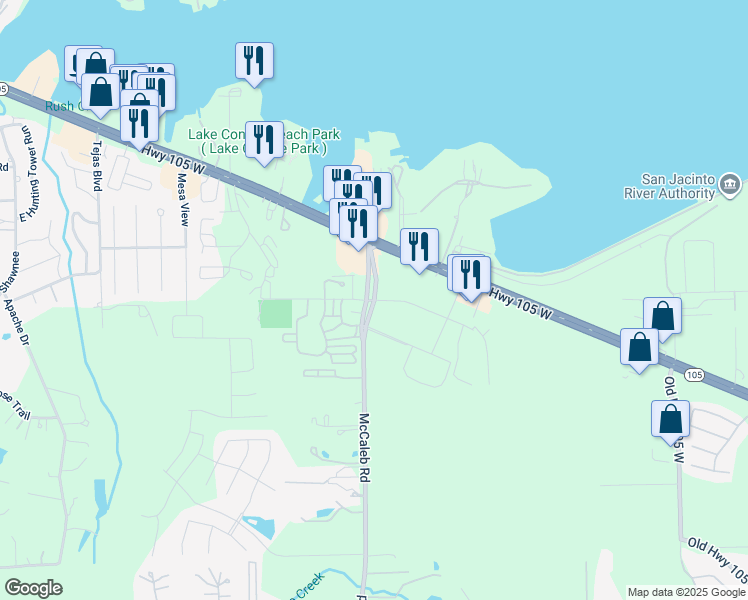 map of restaurants, bars, coffee shops, grocery stores, and more near 921 McCaleb Road in Conroe