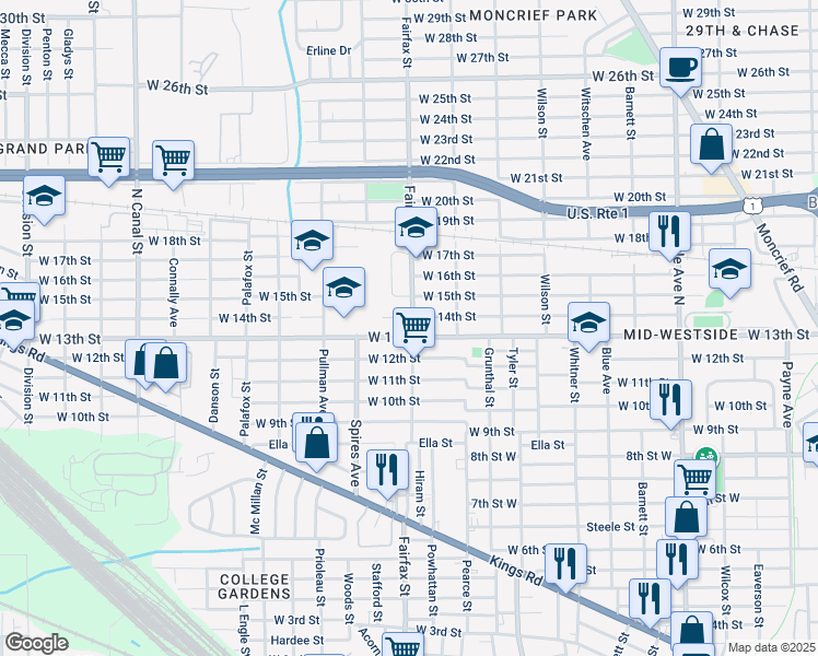 map of restaurants, bars, coffee shops, grocery stores, and more near 2312 Fairfax Street in Jacksonville