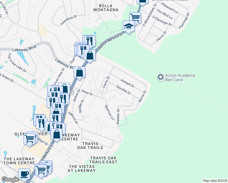 map of restaurants, bars, coffee shops, grocery stores, and more near 21 Green Terrace Cove in Lakeway