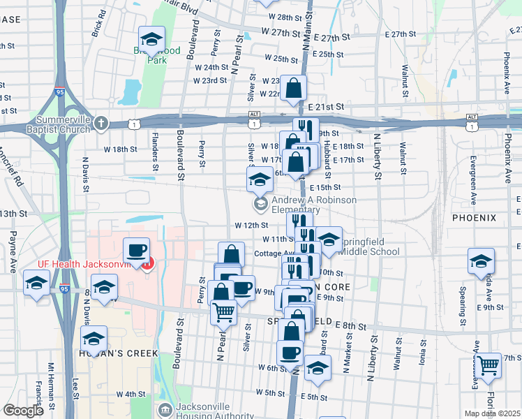 map of restaurants, bars, coffee shops, grocery stores, and more near 101 West 12th Street in Jacksonville