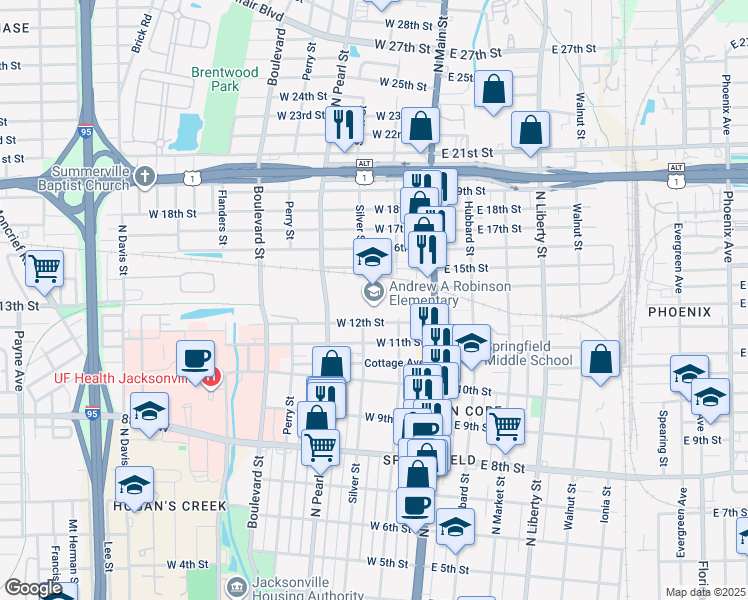 map of restaurants, bars, coffee shops, grocery stores, and more near 101 West 12th Street in Jacksonville
