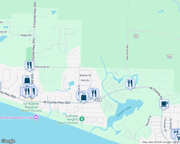 map of restaurants, bars, coffee shops, grocery stores, and more near 106 Walnut Street in Santa Rosa Beach