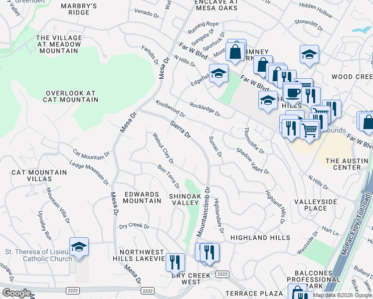 map of restaurants, bars, coffee shops, grocery stores, and more near 6406 Dry Cliff Cove in Austin