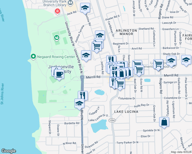 map of restaurants, bars, coffee shops, grocery stores, and more near 5732 Merrill Road in Jacksonville