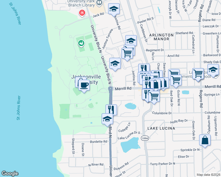 map of restaurants, bars, coffee shops, grocery stores, and more near University Blvd N & Merrill Rd in Jacksonville