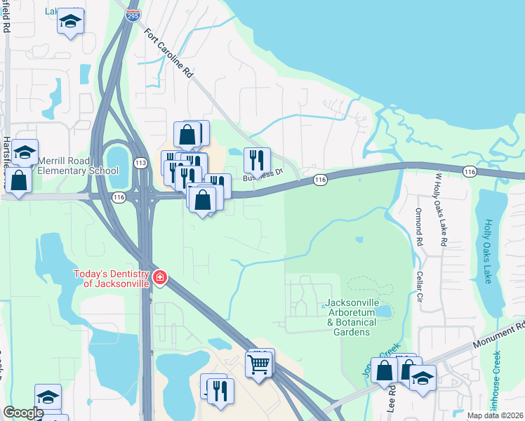 map of restaurants, bars, coffee shops, grocery stores, and more near 9274 Topohill Court in Jacksonville