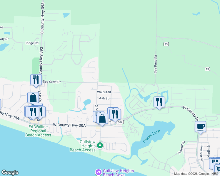 map of restaurants, bars, coffee shops, grocery stores, and more near 106 Walnut Street in Santa Rosa Beach