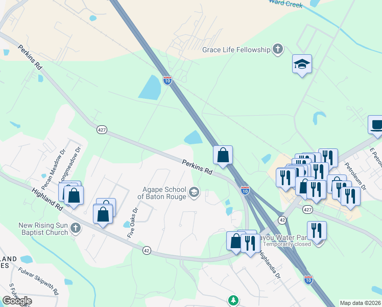 map of restaurants, bars, coffee shops, grocery stores, and more near 17621 Perkins Road in Baton Rouge