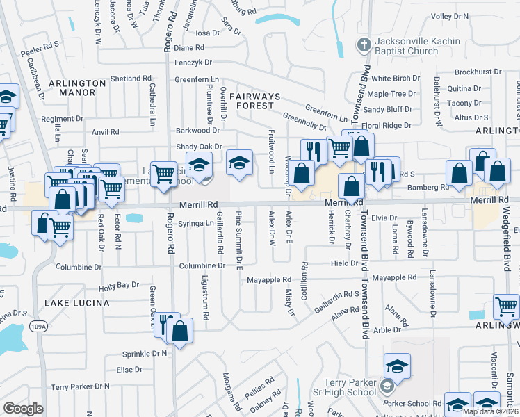 map of restaurants, bars, coffee shops, grocery stores, and more near 2735 Columbine Drive North in Jacksonville