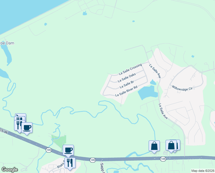map of restaurants, bars, coffee shops, grocery stores, and more near 12045 La Salle Branch in Conroe