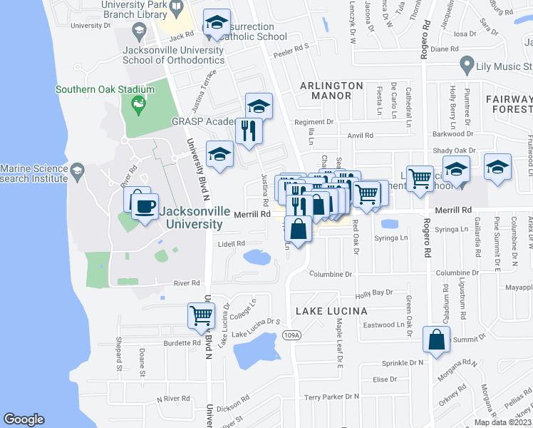 map of restaurants, bars, coffee shops, grocery stores, and more near Merrill Rd & Stardust Ct in Jacksonville
