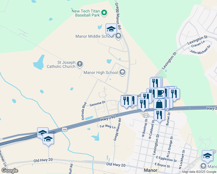 map of restaurants, bars, coffee shops, grocery stores, and more near 10700 Genome Drive in Manor
