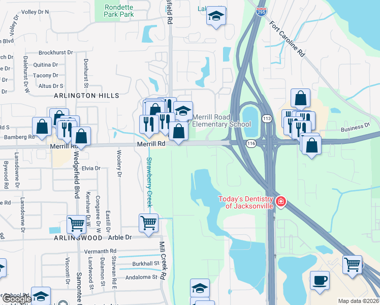 map of restaurants, bars, coffee shops, grocery stores, and more near in Jacksonville