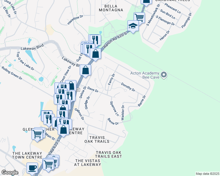 map of restaurants, bars, coffee shops, grocery stores, and more near 22 Stone Terrace Drive in Lakeway