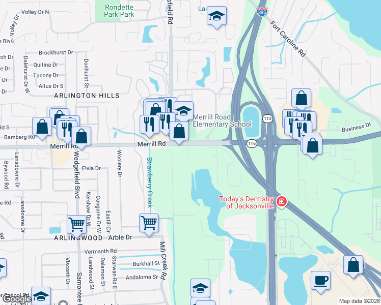 map of restaurants, bars, coffee shops, grocery stores, and more near in Jacksonville
