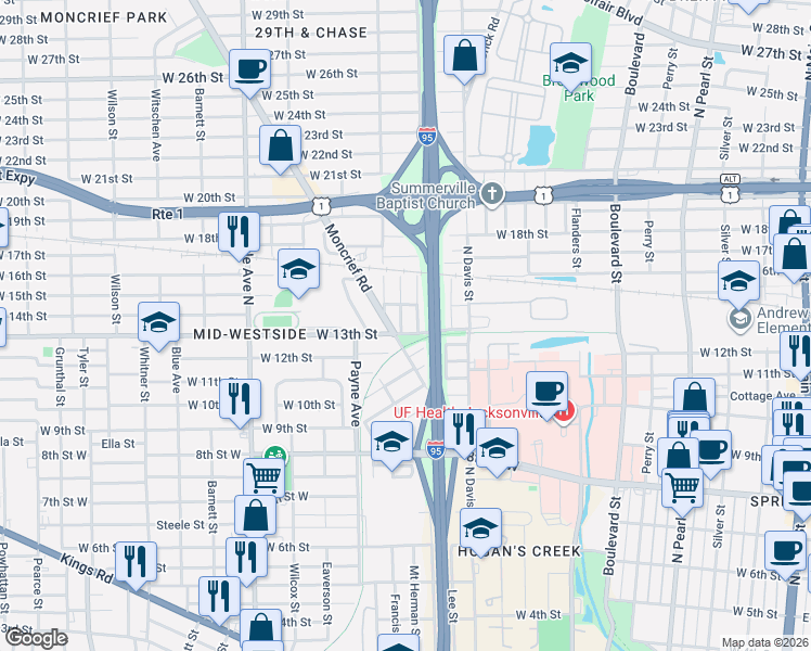 map of restaurants, bars, coffee shops, grocery stores, and more near 973 West 12th Street in Jacksonville