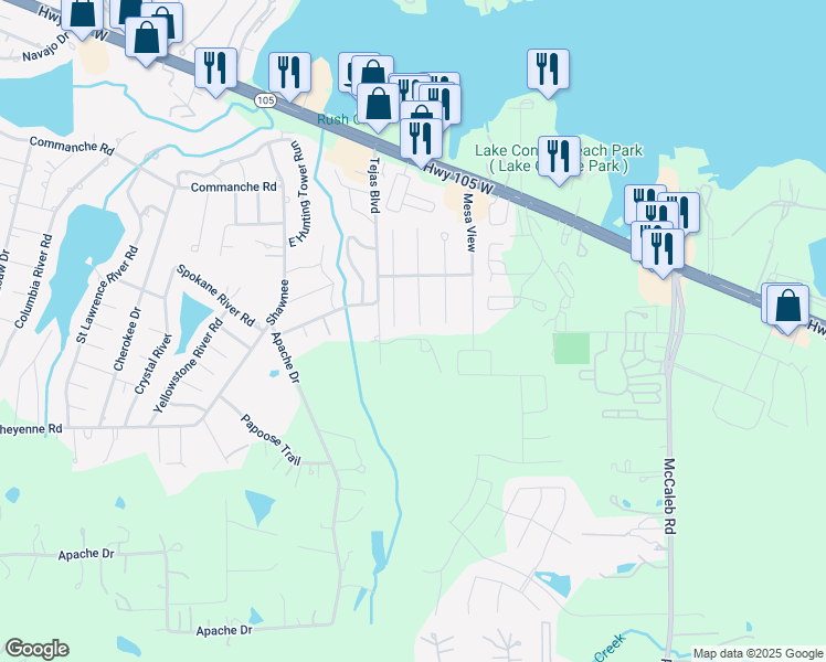 map of restaurants, bars, coffee shops, grocery stores, and more near 511 Tejas Boulevard in Montgomery