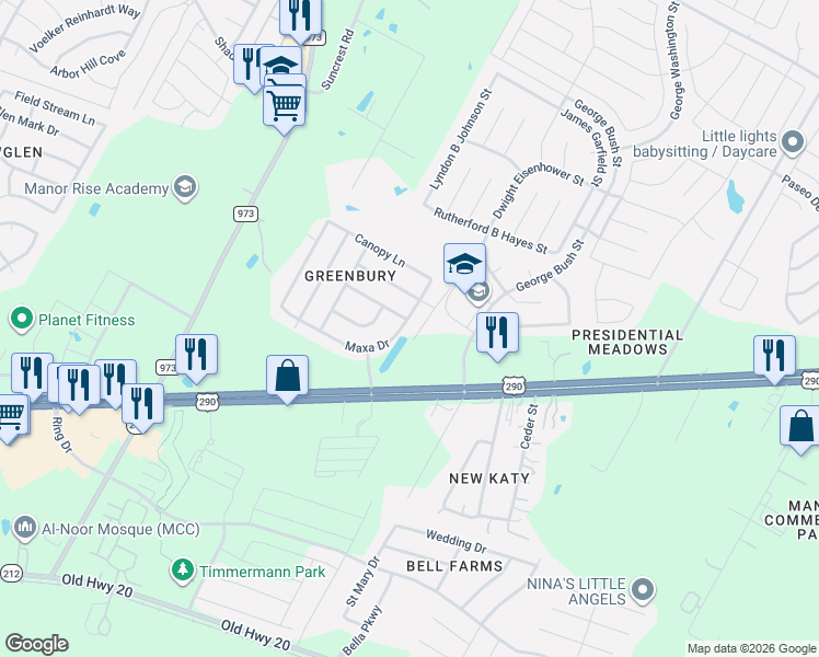 map of restaurants, bars, coffee shops, grocery stores, and more near 13232 George Bush Street in Manor