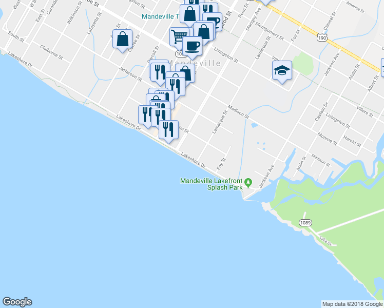 map of restaurants, bars, coffee shops, grocery stores, and more near 1815 Lakeshore Drive in Mandeville