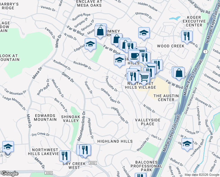 map of restaurants, bars, coffee shops, grocery stores, and more near 6303 Shadow Valley Drive in Austin