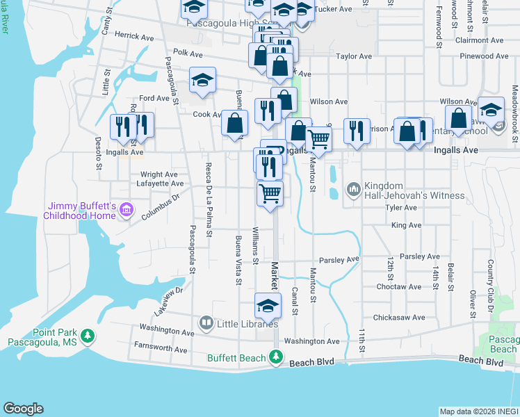 map of restaurants, bars, coffee shops, grocery stores, and more near 1306 Williams Street in Pascagoula