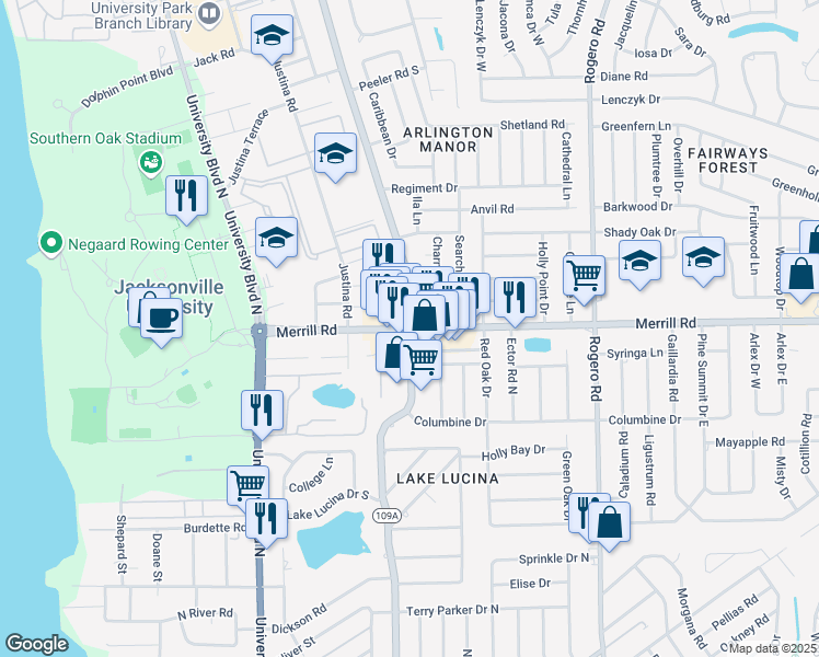 map of restaurants, bars, coffee shops, grocery stores, and more near Merrill Rd & Cesery Blvd in Jacksonville