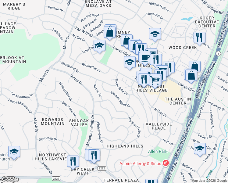 map of restaurants, bars, coffee shops, grocery stores, and more near 6405 Shadow Valley Drive in Austin
